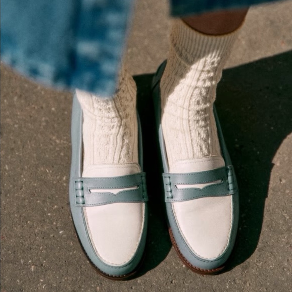 Sezane Andrea blue and white leather loafers
